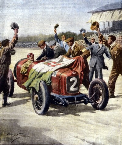Italian voitto kolmannessa European Motor Grand Prix -kilpailussa: Ascarin mekaanikot näyttävät autolle trikolorilippua. Kuvassa de Beltrame. "La Domenica del Corriere". 07/1925. tekijältä Achille Beltrame