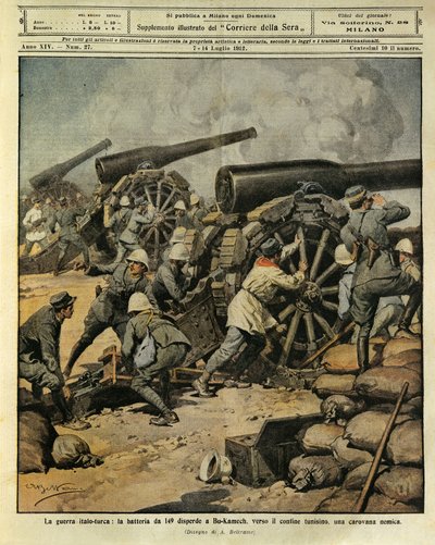 Italian-Turkin sota, patterituli tykistä nro 149, joka ohjasi vihollisen karavaani Bu-Kamekissa kohti Tunisian rajaa, kuvittaja Achille Beltrame (1871-1945), La Domenica del Corrieresta, 7. heinäkuuta 1912 tekijältä Achille Beltrame