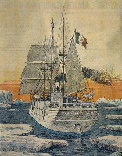 Matka pohjoisnavalle: Polar Star -alus, joka kuljetti Savoy-Aostan prinssi Luigi Amedeoa, Abruzzin herttua Teplitzin lahdelle Rudolf-saarella, Achille Beltramen (1871-1945) toimesta La Domenica del Corrieresta tekijältä Achille Beltrame