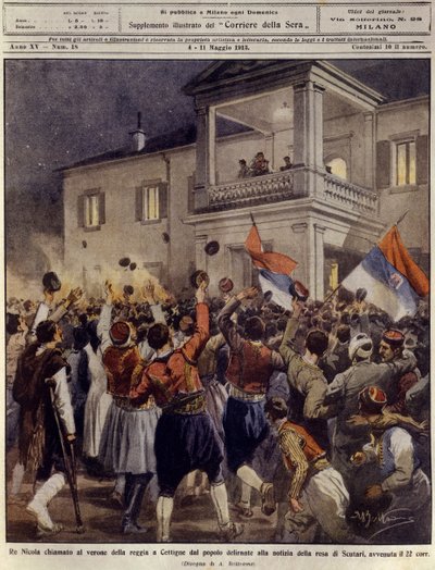 Montenegron kuningas Nikolai I Cettignen väkijoukon edessä Shkodrin kaupungin antautumisen jälkeen, 4. toukokuuta tekijältä Achille Beltrame