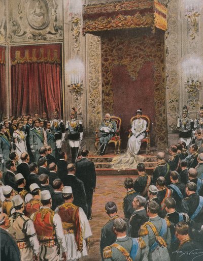 Italian kuningas, Savoian kuningas Vittorio Emanuele III, kruunattu albaanien kuninkaaksi, Achille Beltrame, kuvitus, kuvittaja Achille Beltrame (1871-1945), La Domenica del Corrieresta tekijältä Achille Beltrame