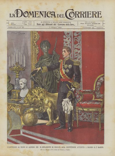 Alfonso XIII:n taivaaseenastuminen valtaistuimelle, perustuslain uskollisuuden vala, joka pidettiin Madridissa 17. toukokuuta tekijältä Achille Beltrame