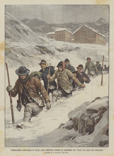 Väliaikainen muutto Italiaan, karavaani toimii Gran San Bernardon solan risteyksessä tekijältä Achille Beltrame