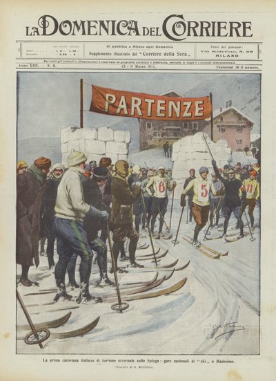 Ensimmäinen italialainen talvimatkailuvaunu Splugassa, kansalliset hiihtokilpailut Madesimossa tekijältä Achille Beltrame
