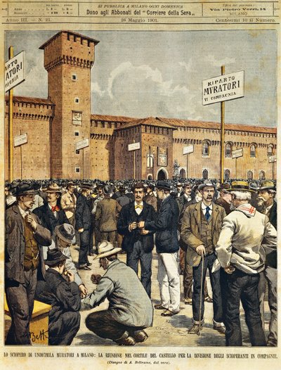 Laajamittainen rakentajien lakko Milanossa: julkinen kokous Sforzescon linnan suurella pihalla, kirjoittanut Achille Beltrame (1871-1945), La Domenica del Corriere, 26. toukokuuta 1901 tekijältä Achille Beltrame