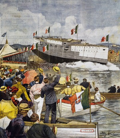 Taistelulaiva Regina Margherita laukaisu La Speziassa, paneeli Achille Beltrame (1871-1945), La Domenica del Corriere, 9. kesäkuuta tekijältä Achille Beltrame