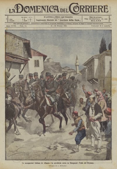 Italian miehitykset Albaniassa, ratsuväki saapuu Giorgucatiin (Drynos Valley) tekijältä Achille Beltrame