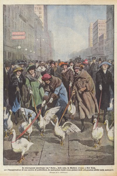 Amerikkalaisia ​​ylilyöntejä, Geese Derbyä Madison Avenuella New Yorkissa, avajaisia ​​varten? tekijältä Achille Beltrame