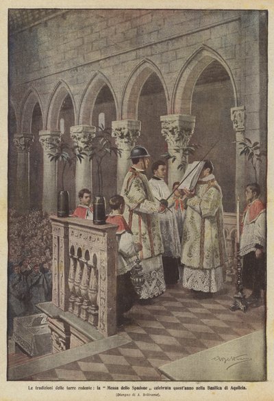 Lunastettujen maiden perinteet, tänä vuonna vietetty Spadonen messu Aquileian basilikassa tekijältä Achille Beltrame