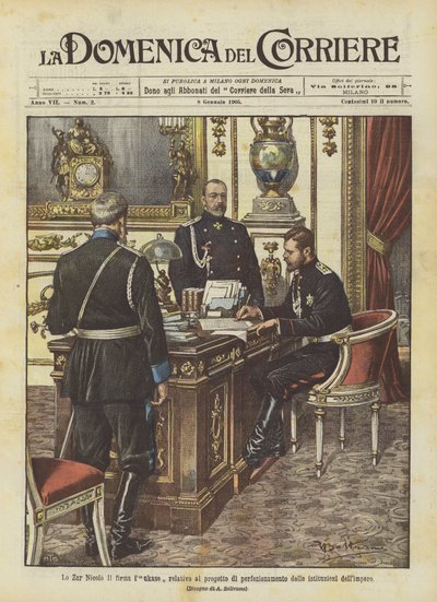 Tsaari Nicolo Lukasen allekirjoitus, joka liittyy imperiumin instituutioiden parannusprojektiin tekijältä Achille Beltrame