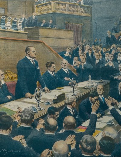 MUSSOLINI, Benito (1883-1945). Italialainen fasistinen poliitikko, Italian herttua (johtaja) (1925-1943). Mussolini ilmoitti neljän länsivallan välisestä liitosta senaatille. Achille Beltrame (1871-1945) La Domenica del Corrieresta, 7. kesäkuuta tekijältä Achille Beltrame
