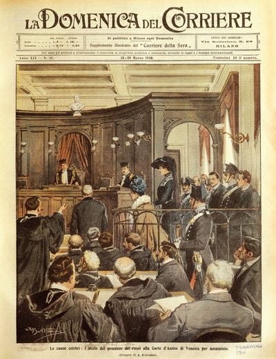 Maria Tarnowska oikeudenkäynnissä Venetsiassa, kirjoittanut Achille Beltrame, kuvitus, kuvittaja Achille Beltrame (1871-1945), La Domenica del Corrierista tekijältä Achille Beltrame