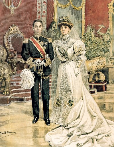 Espanjan kuninkaan Alfonso XIII:n ja Battenbergin prinsessa Enan, Achille Beltramen (1871-1945) avioliitto La Domenica del Corrieresta, 3. kesäkuuta tekijältä Achille Beltrame