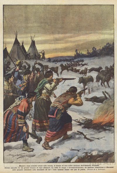 Kun heidän miehensä metsästivät, olitariolaisen intiaaniheimon (Kanada) naiset olivat? tekijältä Achille Beltrame
