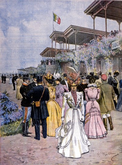 Milano: hevoskilpailut San Siron kilparadalla: Commerce Prize -palkinnon (Premio del commercio) jako. Beltramen kuvitus. Domenica del corriere. 1899. tekijältä Achille Beltrame