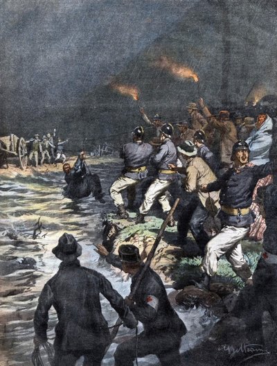 Serio-joen saarella lähellä Bergamoa estettyjen vaunujen ihmepelastus - Kuva Beltramesta "La Domenica del Corrieressa" 10/1909 tekijältä Achille Beltrame