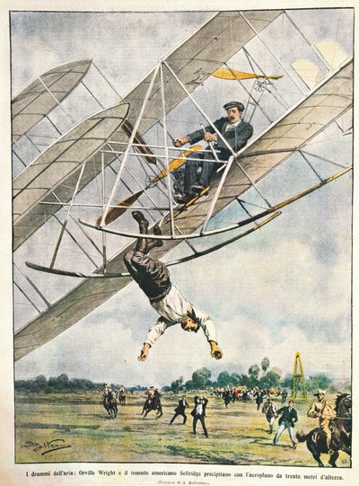 Orville Wright ja luutnantti Seliridge syöksymässä kaksitasolla 30 metristä, Yhdysvallat, kuvitus Achille Beltrame La Domenica del Corrieresta, 11. lokakuuta tekijältä Achille Beltrame