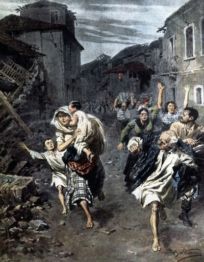 Paniikki Reggio Calabriassa vuoden 1908 maanjäristyksen jälkeen. Kuvitus Beltrame. 1908 tekijältä Achille Beltrame