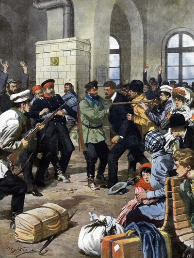 Ryöstäjät hyökkäsivät matkustajien kimppuun Euroopassa rautatieasemalla ja ryöstettiin odotushuoneessa. Ill. de Beltrame. La Domenica del Corriere. 07/1909. tekijältä Achille Beltrame