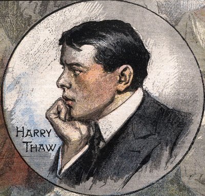 Muotokuva Harry Thawsta vuonna 1907 oikeudenkäynnin aikana tekijältä Achille Beltrame