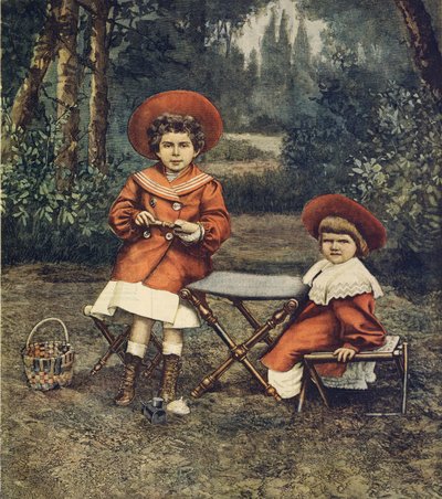Prinsessat Jolanda ja Mafalda, kuninkaan tyttäret, Quirinalen puutarhoissa, kirjoittanut Achille Beltrame (1871-1945), La Domenica del Corrieresta tekijältä Achille Beltrame