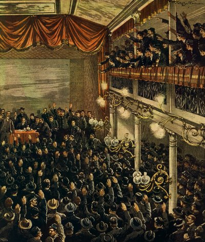 Junalakko Milanossa, kirjoittanut Achille Beltrame, kuvitus, kuvittaja Achille Beltrame (1871-1945), La Domenica del Corrieresta, 30. huhtikuuta 1905 tekijältä Achille Beltrame