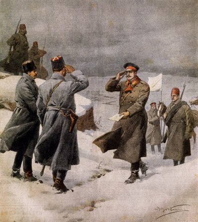 Sodan jatkuminen, turkkilainen parlamentaarikko saapumassa bulgarialaisen leirille kantamassa sanomaa aselevon päättymisestä, Achille Beltrame (1871-1945), kuvitus La Domenica del Corrieresta, 9. helmikuuta tekijältä Achille Beltrame