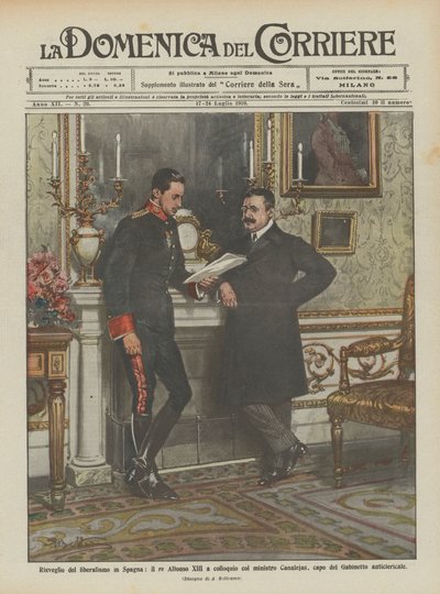 Liberalismin herääminen Espanjassa, kuningas Alfonso XIII keskustelussa ministeri Canalejasin kanssa? tekijältä Achille Beltrame
