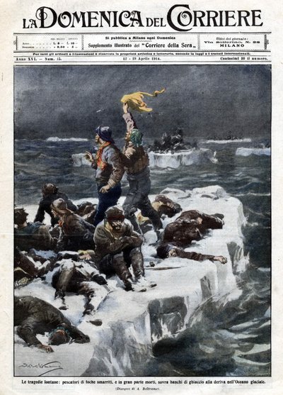 Hylkeenkalastajat, joista osa kuoli, jäivät jumiin valtameren ajelehtivalla jäällä. Ill. de Beltrame. "" La Domenica del corriere"". 12-19.4.1914. tekijältä Achille Beltrame