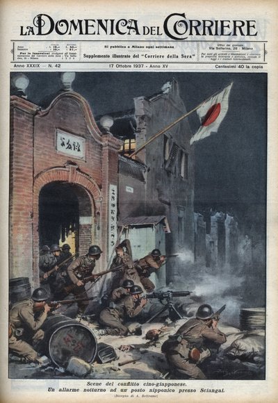 Toinen Kiinan ja Japanin sota (1937-1945): yhteenotot lähellä Shanghaita. Achille Beltramen kuvitus teoksesta "La domenica del corriere" 17.10.1937. tekijältä Achille Beltrame