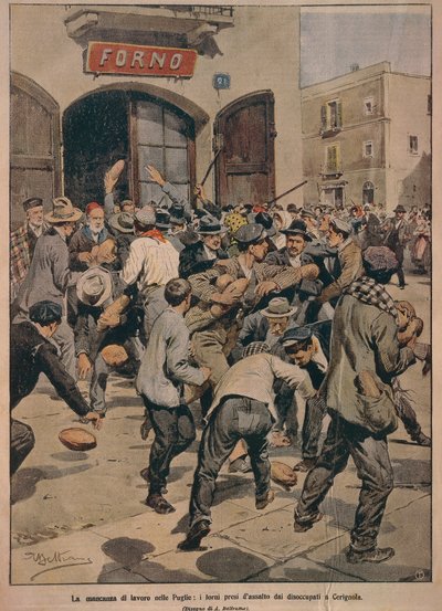 Vakava työpula Apuliassa, Cerignolan työttömät ryöstivät uuneja, Achille Beltrame, kuvitus, kuvittaja Achille Beltrame (1871-1945), La Domenica del Corrieresta, 20. joulukuuta 1908 tekijältä Achille Beltrame