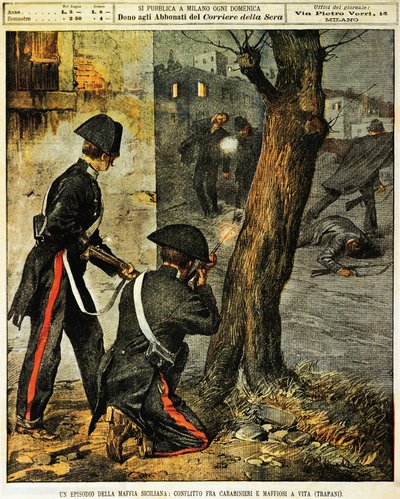 Sisilian mafiatapahtuma, Taistelu karabinierien ja mafian gangsterien välillä Trapanissa, kirjoittanut Achille Beltrame, kuvitus, kuvittaja Achille Beltrame (1871-1945), La Domenica del Corrieresta, 31. joulukuuta 1899 tekijältä Achille Beltrame