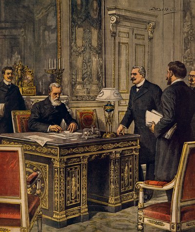 Ranskalais-italialaisen välimiesmenettelysopimuksen allekirjoittaminen Pariisissa, kirjoittanut Achille Beltrame, kuvitus, kuvittaja Achille Beltrame (1871-1945), La Domenica del Corrieresta tekijältä Achille Beltrame