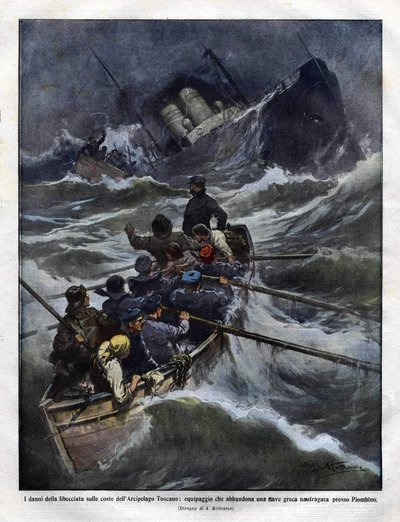 Italialaisen veneen uppoaminen Toscanan edustalla vuonna 1910. kuvitus: Achilles Beltrame tekijältä Achille Beltrame