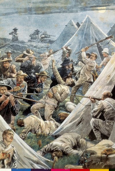 Etelä-Afrikka. Toinen buurien sota. Hyökkäys englantilaiseen Tweefonteinin leiriin (1902). Kuvitus: Achille Beltrame. Kaiverrus. tekijältä Achille Beltrame