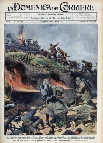 Espanjan sisällissota: "Frecce nere" -prikaatien hyökkäys Santanderin rintamalla. Achille Beltramen kuvitus teoksesta "La domenica del corriere" 29.8.1937. tekijältä Achille Beltrame