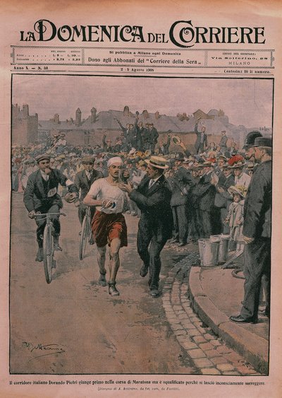 Vuoden 1908 olympialaiset, "La Domenica del Corrieren" etukansi 1908 (värilitho) tekijältä Achille Beltrame