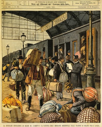 Suuri siirtolaisuus: Etelä-Italialaisten siirtolaisten saapuminen ja lähteminen Kanadaan, kirjoittanut Achille Beltrame (1871-1945), La Domenica del Corrieresta, 7. huhtikuuta 1901 tekijältä Achille Beltrame