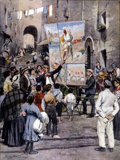 The Poesy of War: katutaiteilijat laulavat Napolin kaduilla uusimpia Libyan sodan inspiroimia suosittuja kappaleita. Ill. de Beltrame. La Domenica del Corriere. 1912 tekijältä Achille Beltrame