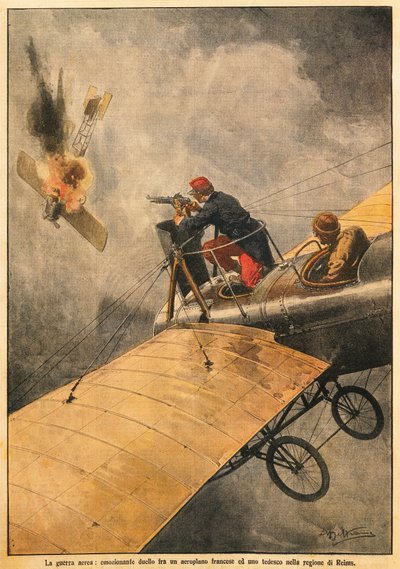 Ilmasota: Ranskan ja Saksan kaksintaistelu taivaalla Reimsin yllä, kirjoittanut Achille Beltrame (1871-1945), La Domenica del Corriere, 25. lokakuuta 1914 tekijältä Achille Beltrame
