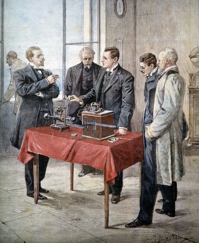 Guglielmo Marconin (1874 - 1937) kokemukset vuonna 1899: Langaton lennätys kanavan yli. Achille Beltramen kuvitus elokuvassa "Domenica del Corriere". tekijältä Achille Beltrame
