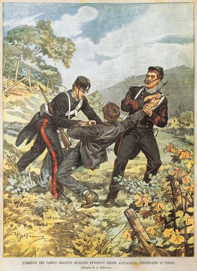 Achille Beltrame (1871-1945), La Domenica del Corrieresta, 27. lokakuuta 1901 pidätti kuuluisan ryöstäjä Musolinon lähellä Acqualagnaa Urbinon alueella. tekijältä Achille Beltrame