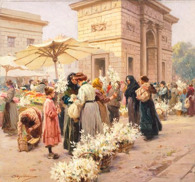 Liljatori Porta Garibaldissa Milanossa, kirjoittanut Achille Beltrame (1871-1945), La Domenica del Corriere, Italia 1900-luku tekijältä Achille Beltrame