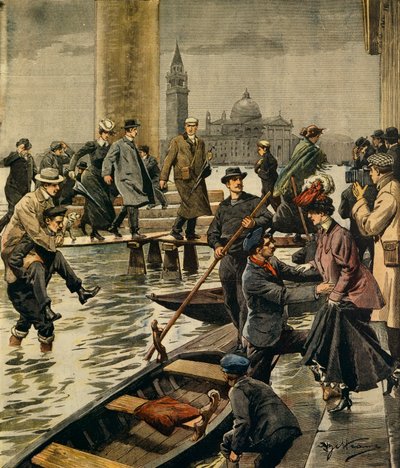 Korkean veden ilmiö Venetsian Pyhän Markuksen aukiolla, kirjoittanut Achille Beltrame (1871-1945), La Domenica del Corriere tekijältä Achille Beltrame