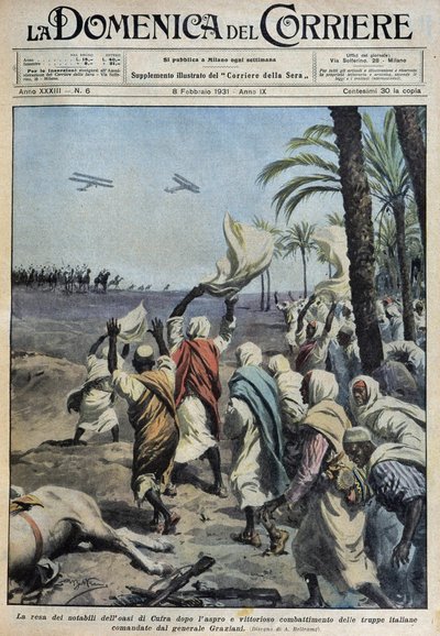 Koufran keidas (Qufra tai Cufra, Libyan Sahara) kuuluisten antautuminen kenraali Grazianidessin komentaman italialaisten joukkojen vaikean ja voitollisen taistelun jälkeen. de A. Beltrame teoksessa "" la Domenica del Corriere" 8.2.1931 tekijältä Achille Beltrame