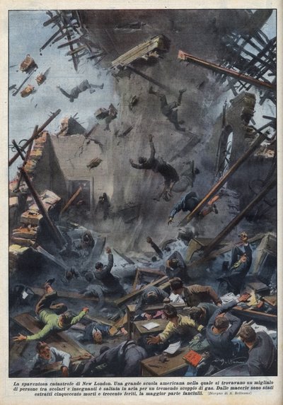 Tragedia kouluräjähdyksestä New Londonissa, Teksasissa, kaasuvuodon aiheuttama 18. maaliskuuta. Kuva Achille Beltramesta elokuvassa "La domenica del Corriere" 4.4.1937. tekijältä Achille Beltrame