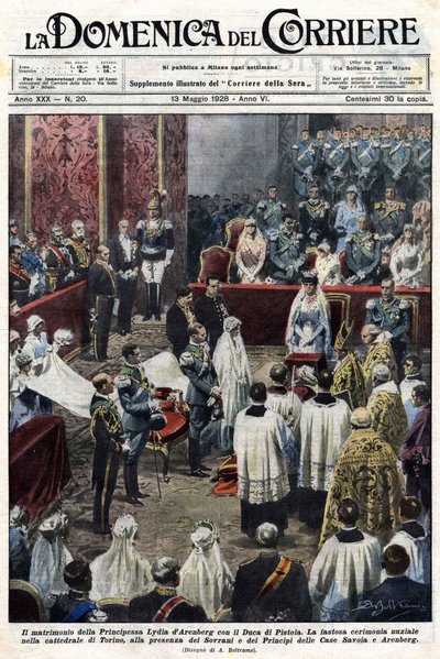 Arenbergin prinsessa Lydian ja Pistoian herttuan häät: upea seremonia Torinon katedraalissa Savoy-talon ja Arenberg-suvun hallitsijoiden ja ruhtinaiden läsnäollessa. Ill. de Baltrame. La Domenica del Corriere. 13.5.1928 tekijältä Achille Beltrame