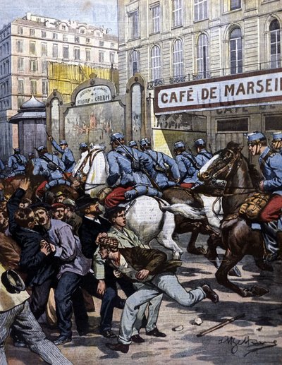 Työläisten lakot Marseillessa: husaarit, jotka vastaavat Canebièresta. Beltramen kuvitus. La Domenica del corriere. 1901. tekijältä Achille Beltrame