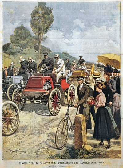Italian kiertue autolla, sponsoroi Corriere della Sera, kuvitus Achille Beltrame La Domenica del Corrieresta, 19. toukokuuta tekijältä Achille Beltrame