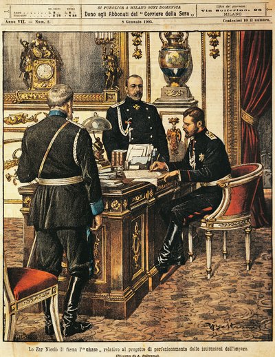 Tsaari Nikolai II allekirjoitti institutionaalisia uudistuksia koskevan projektin, kirjoittanut Achille Beltrame (1871-1945), La Domenica del Corriere, 8. tammikuuta 1905 tekijältä Achille Beltrame